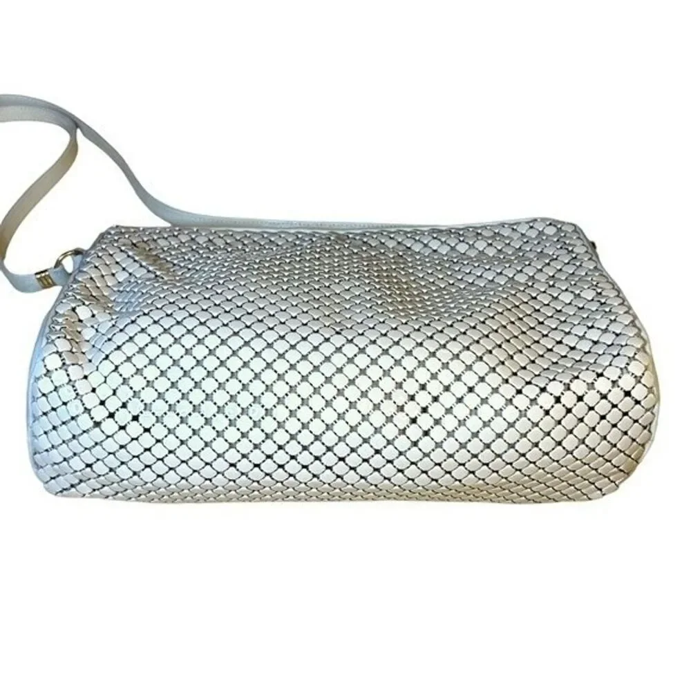 Whiting & Davis Vintage Cream Metal Mesh & Leather Handbag Purse Evening Bag